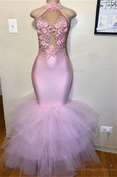 Pink Halter Sleeveless Flower Appliques Tulle Mermaid Prom Party Gowns
